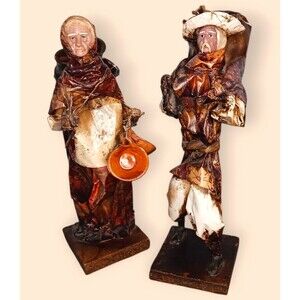 Vintage PAIR Mexican Paper Mache Figurines Man & Woman Farmer Folk Art 13" Tall